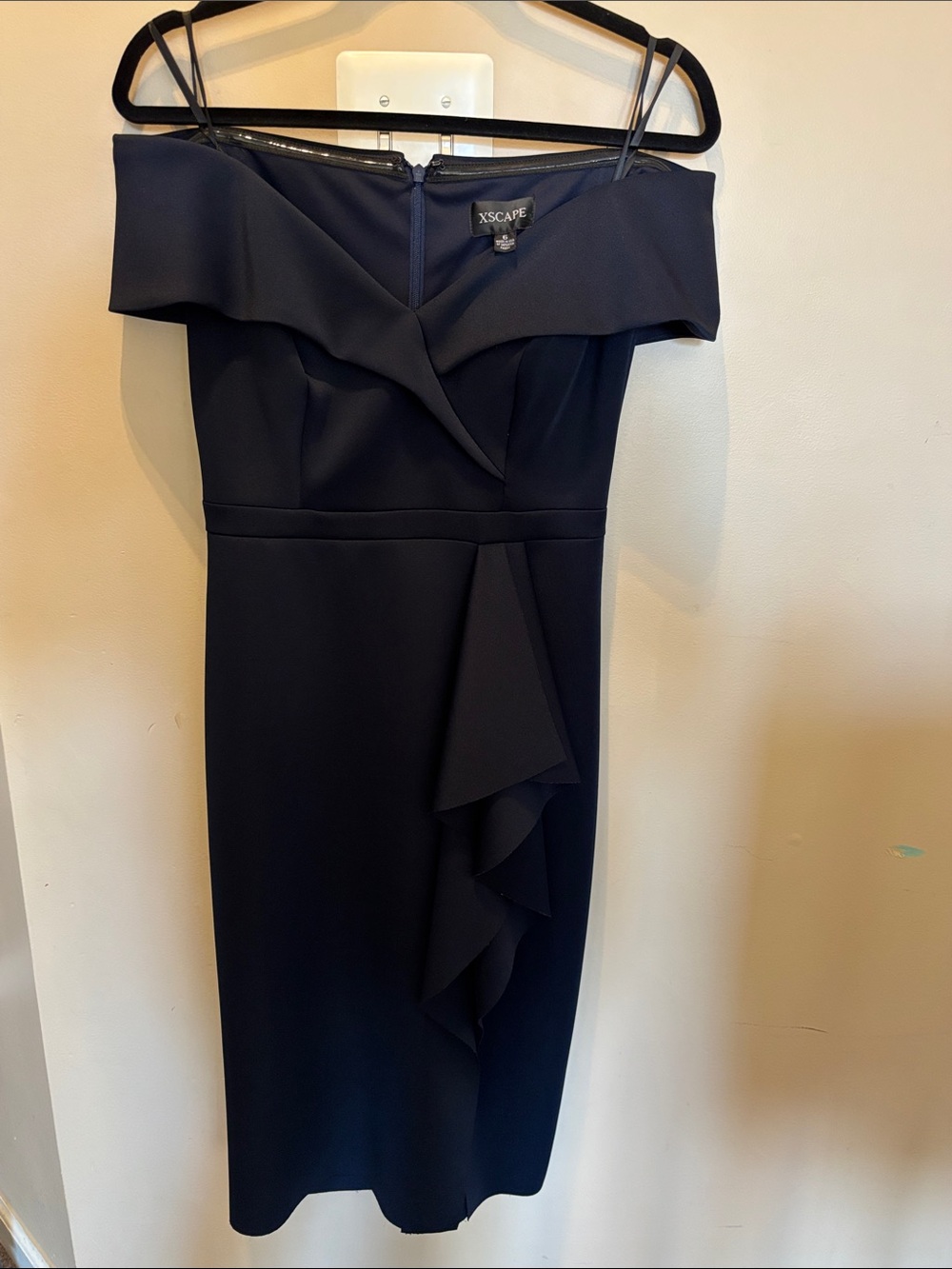 Xscape Navy Off-the-Shoulder Ruffle Midi Dress